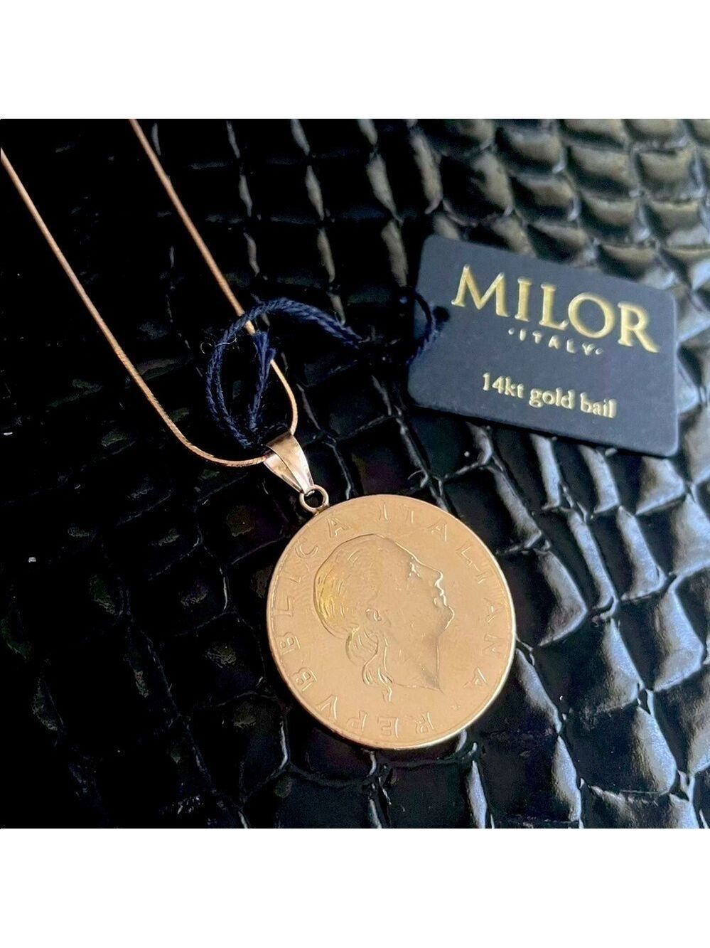 14K Rose Gold Bail Milor Italy 200 Lire 1979 Coin Pendant Chain Necklace